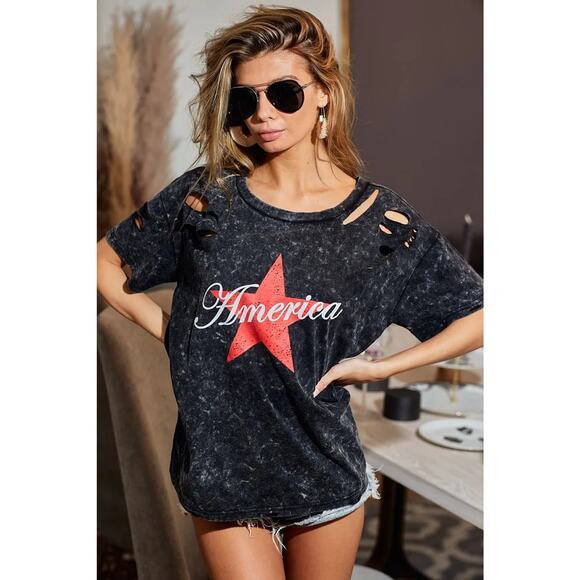 BiBi Laser Cut Mineral Washed American Print Short Sleeves Top | Black Charcoal - Picture 5 of 9